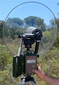 The same setup from behind, with the control functions of the Wildlife Acoustics Song Meter SM-4 device coming very handy behind the dish.