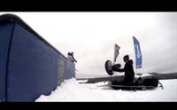 Max Lachmann "zooming in" Snowboard sounds with a Telinga Universal MK2 parabolic dish (with a Schoeps microphone mounted) in one hand, and a shotgun microphone in the other hand.